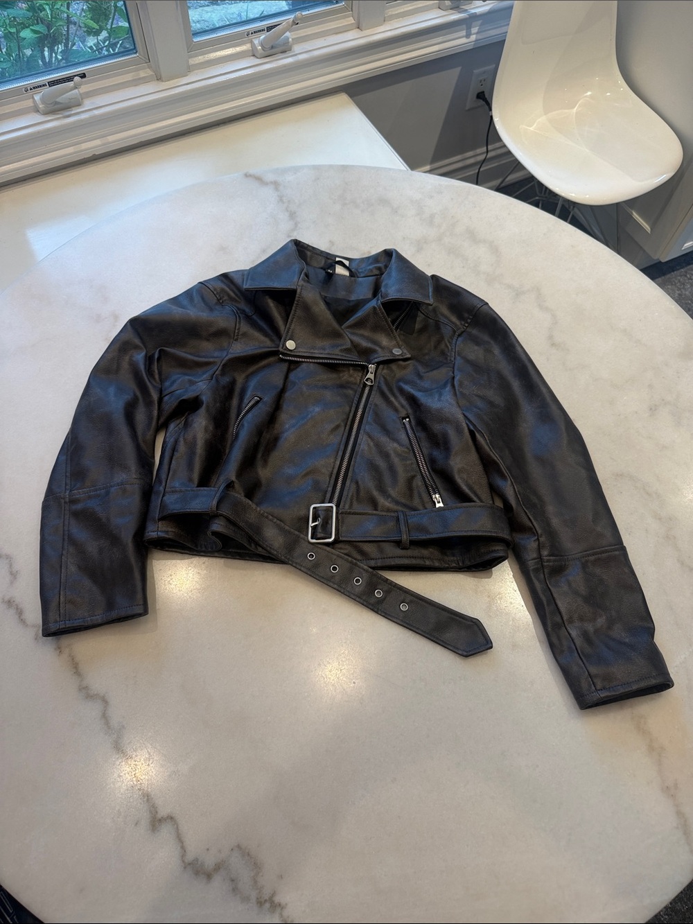 Divided Black Faux Leather Moto Jacket with Belt